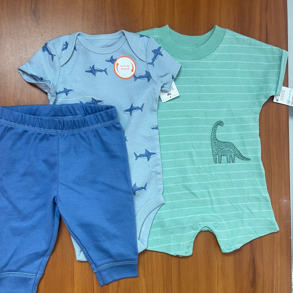 Carters Just One You Baby Boy Bundle Shark Bodysuit Pants & Dinosaur Romper 3M